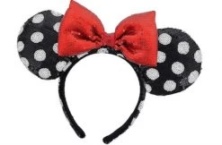 Disney Black With White Polka Dot Sequin Minnie Ear Headband With Red Puffy Sequin