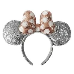 Disney Silver Sequin With Rose Gold Polka Dot Bow Minnie Ear Headband