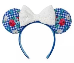 Disney Floral Cottage Blue Gingham Checkered Minnie Ear Headband With White Eyelet Bow